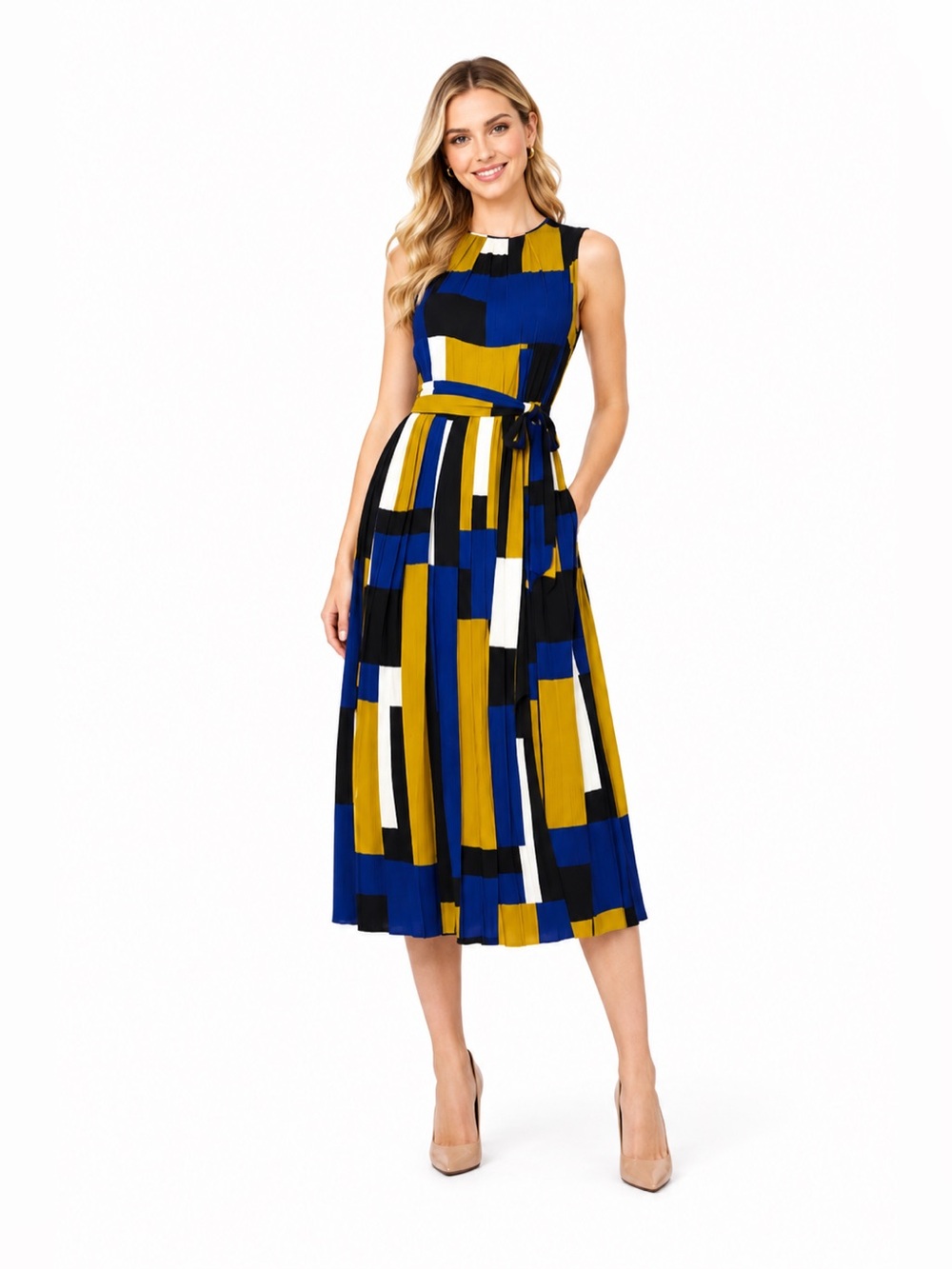 NWOT, never worn Hobbs Geometric Blue and Green Midi Dress